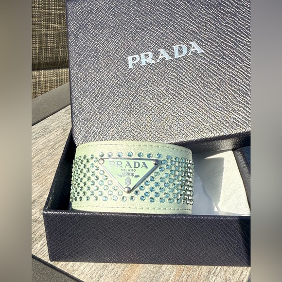 EUC! Prada Crystal-Embellished Leather Mint Aqua Cuff Bracelet - Picture 4 of 8